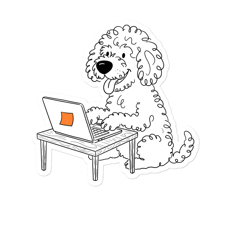 Bobbie, de hond uit het logo, typt op een laptop
